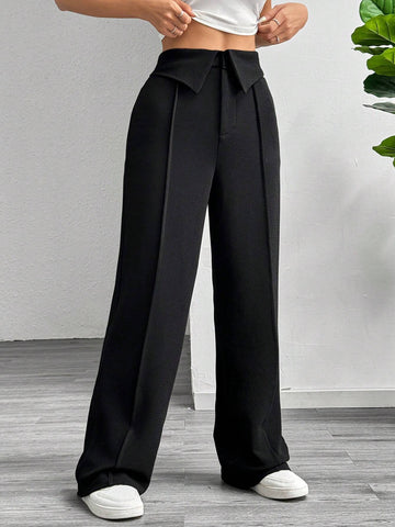 MOOSTA Solid Color Fold-Over Waist Women Casual Wide Leg Pants