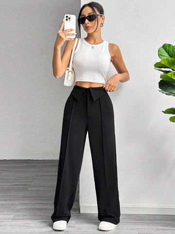 MOOSTA Solid Color Fold-Over Waist Women Casual Wide Leg Pants