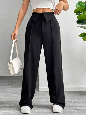 MOOSTA Solid Color Fold-Over Waist Women Casual Wide Leg Pants
