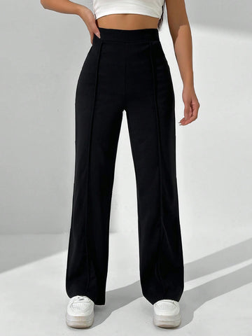 MOOSTA Solid Color High Waisted Straight Leg Casual Trousers