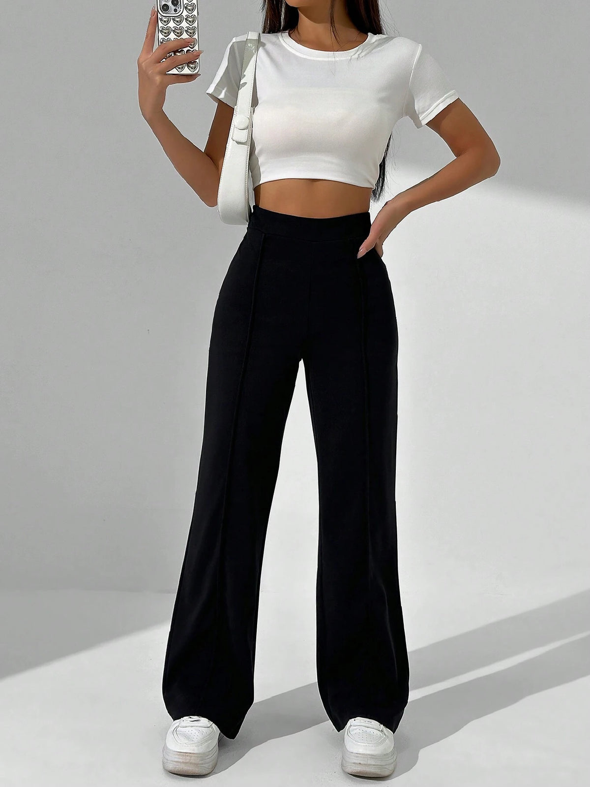 MOOSTA Solid Color High Waisted Straight Leg Casual Trousers