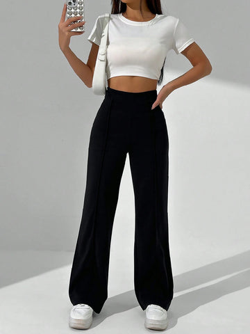 MOOSTA Solid Color High Waisted Straight Leg Casual Trousers