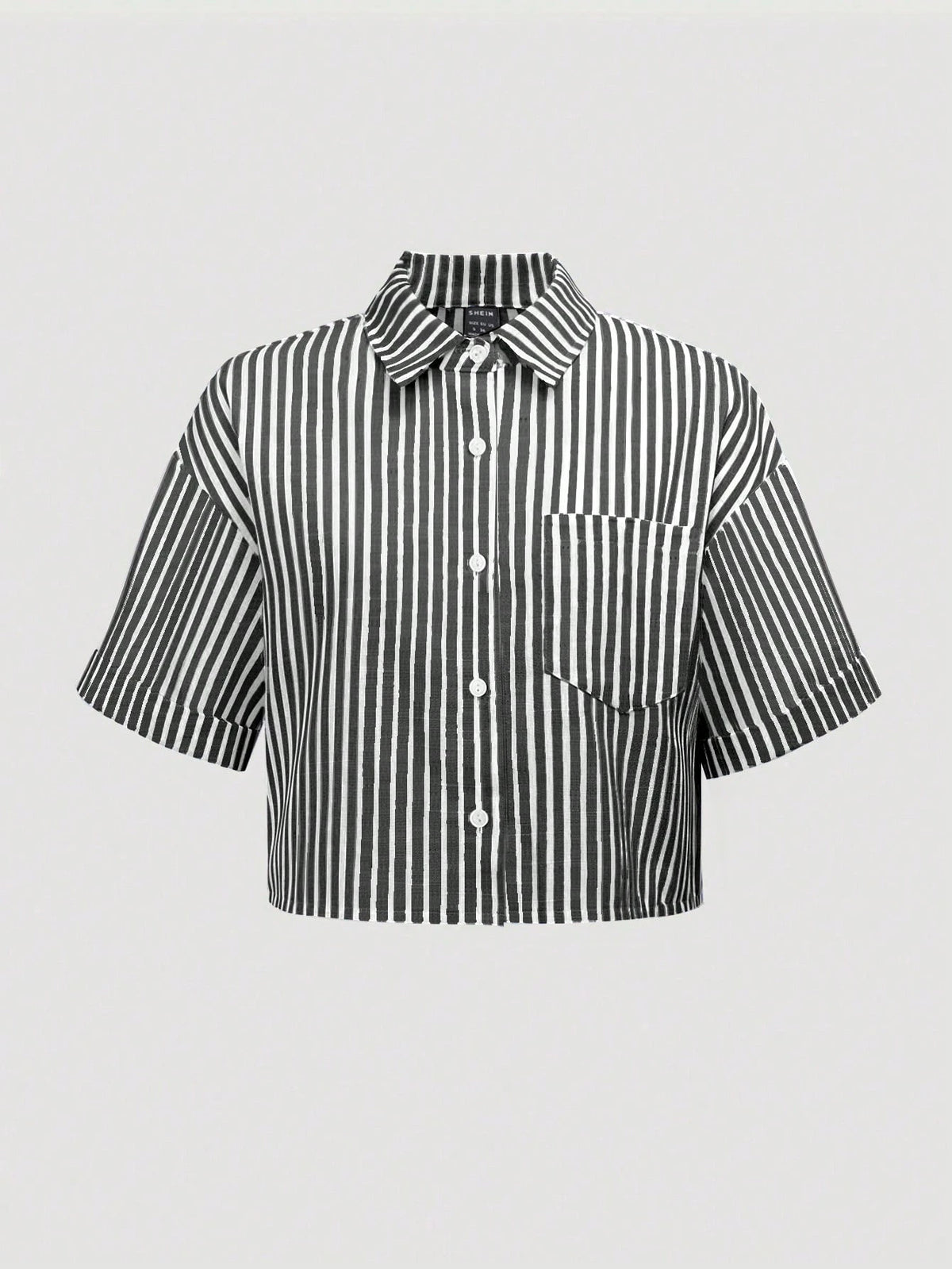 Striped Cropped Women Loose Casual Turnover Cuff Short Sleeve Drop Shoulder Shirt