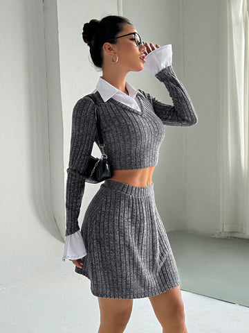 Textured Polo Collar Long Sleeve Fitted Sweater Top And A-Line Skirt Set, Preppy Style