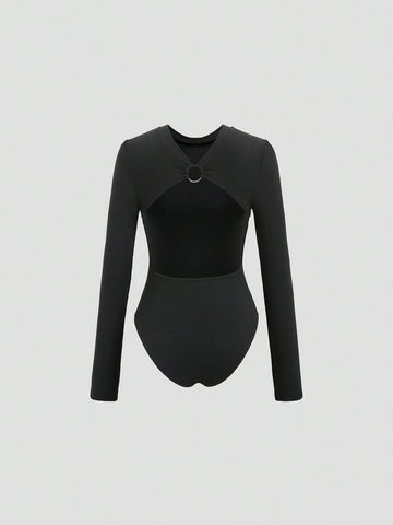 Women Casual Slim Fit Long Sleeve Bodysuit, Versatile For Autumn