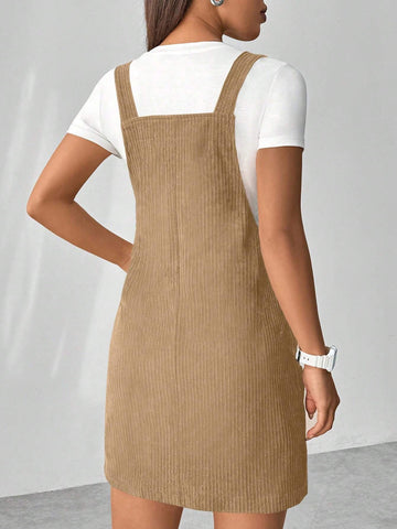 Women Corduroy Solid Color Sleeveless Dress With Pockets And Thick Straps