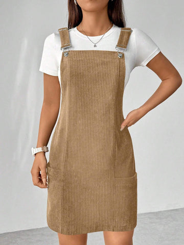 Women Corduroy Solid Color Sleeveless Dress With Pockets And Thick Straps