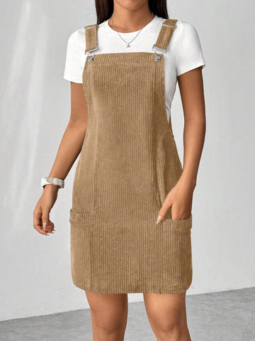 Women Corduroy Solid Color Sleeveless Dress With Pockets And Thick Straps