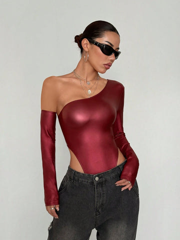 Women Open Shoulder Long Sleeve T-Shirt Triangular Jumpsuit Made Of Imitation PU Fabric, Suitable For Autumn