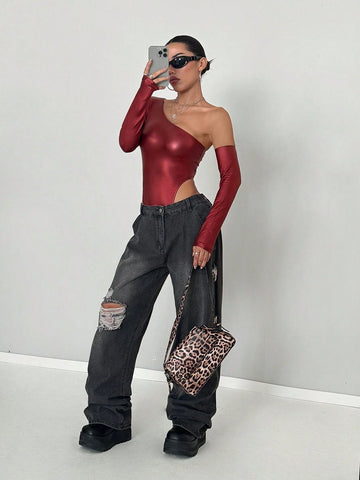 Women Open Shoulder Long Sleeve T-Shirt Triangular Jumpsuit Made Of Imitation PU Fabric, Suitable For Autumn