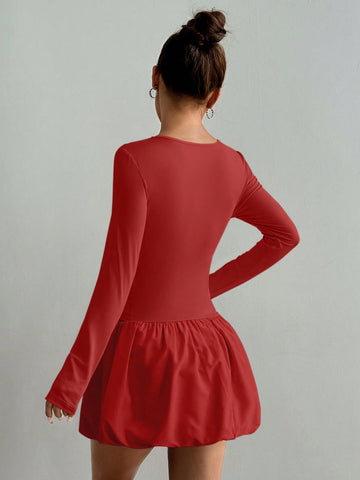 Women Solid Color Round Neck Long Sleeve Elegant Blouson Dress