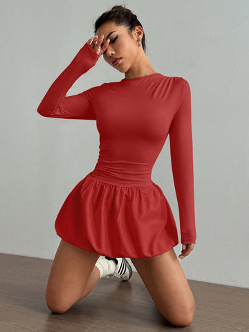 Women Solid Color Round Neck Long Sleeve Elegant Blouson Dress