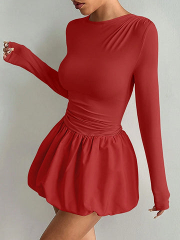 Women Solid Color Round Neck Long Sleeve Elegant Blouson Dress