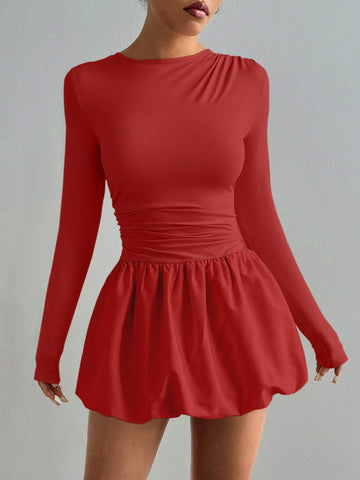 Women Solid Color Round Neck Long Sleeve Elegant Blouson Dress