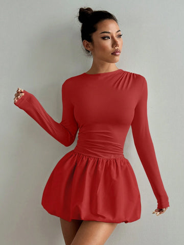 Women Solid Color Round Neck Long Sleeve Elegant Blouson Dress