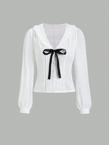 Women V-Neck Solid Color Ruffle Trim Button Front Long Sleeve Shirt