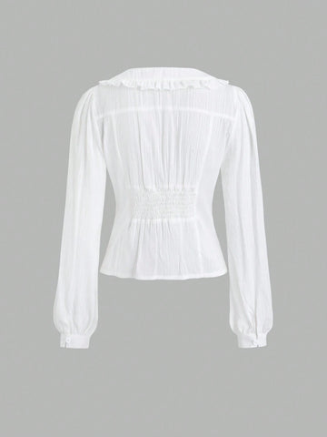 Women V-Neck Solid Color Ruffle Trim Button Front Long Sleeve Shirt