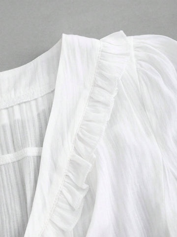 Women V-Neck Solid Color Ruffle Trim Button Front Long Sleeve Shirt