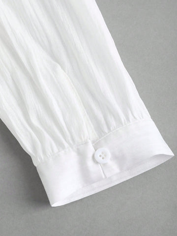 Women V-Neck Solid Color Ruffle Trim Button Front Long Sleeve Shirt