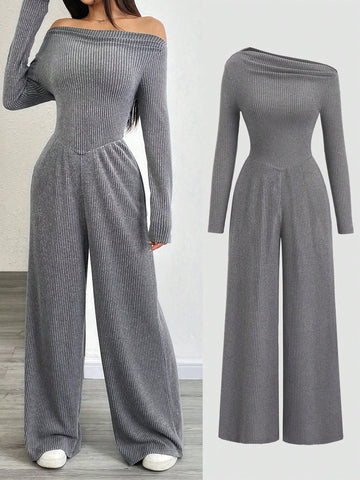 Women's Asymmetric Neck Drape V-Neck Street Casual Business Jumpsuit, Charcoal Gray