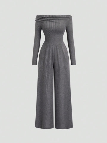 Women's Asymmetric Neck Drape V-Neck Street Casual Business Jumpsuit, Charcoal Gray