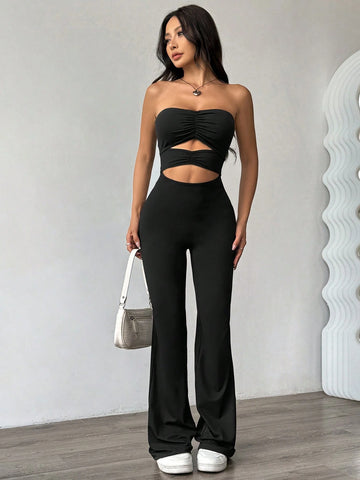 Women's Backless Tube Top Jumpsuit, Fitted Y2K Casual Hollow Design