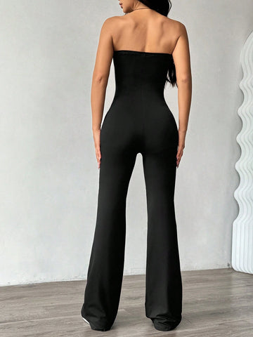 Women's Backless Tube Top Jumpsuit, Fitted Y2K Casual Hollow Design