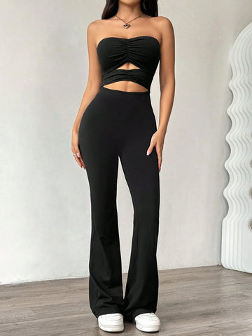 Women's Backless Tube Top Jumpsuit, Fitted Y2K Casual Hollow Design