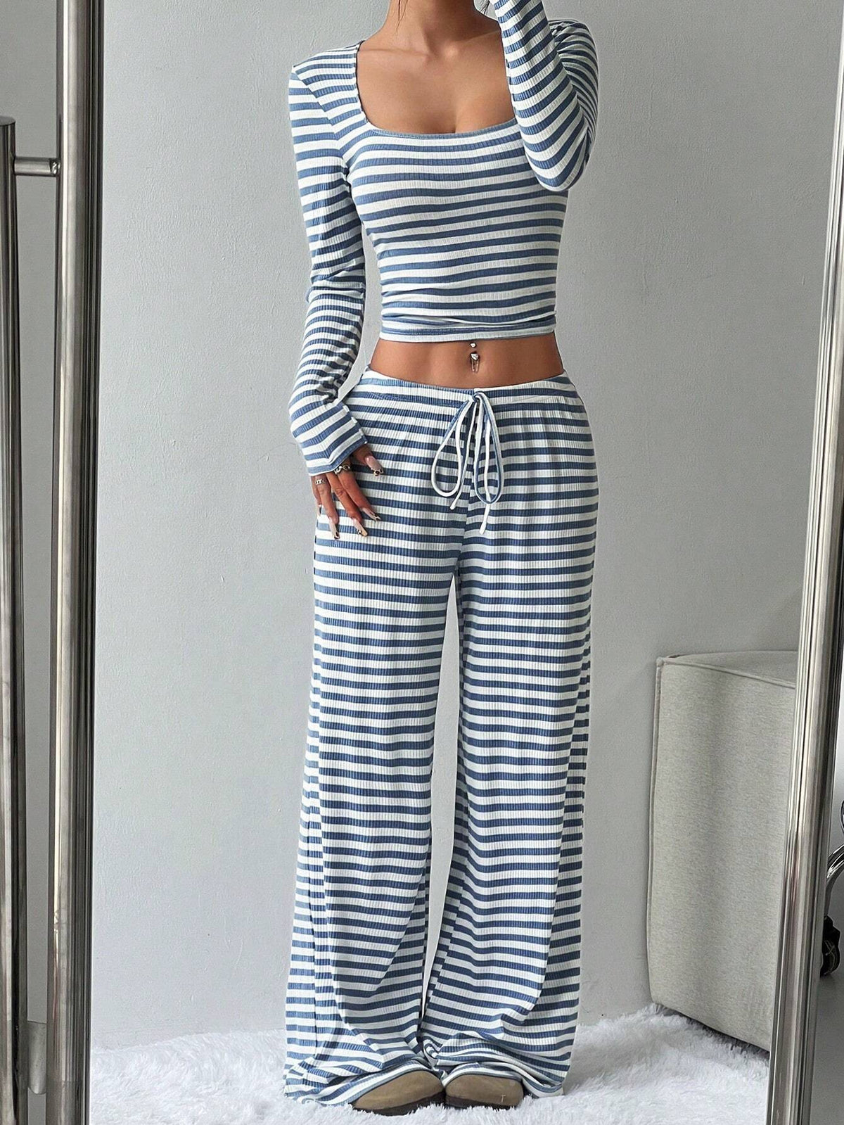 Women's Casual Set: Striped Square Neck Long Sleeve Cropped Top And Waist Tie Pants, Autumn