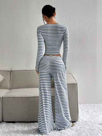 Women's Casual Set: Striped Square Neck Long Sleeve Cropped Top And Waist Tie Pants, Autumn