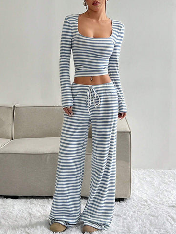 Women's Casual Set: Striped Square Neck Long Sleeve Cropped Top And Waist Tie Pants, Autumn