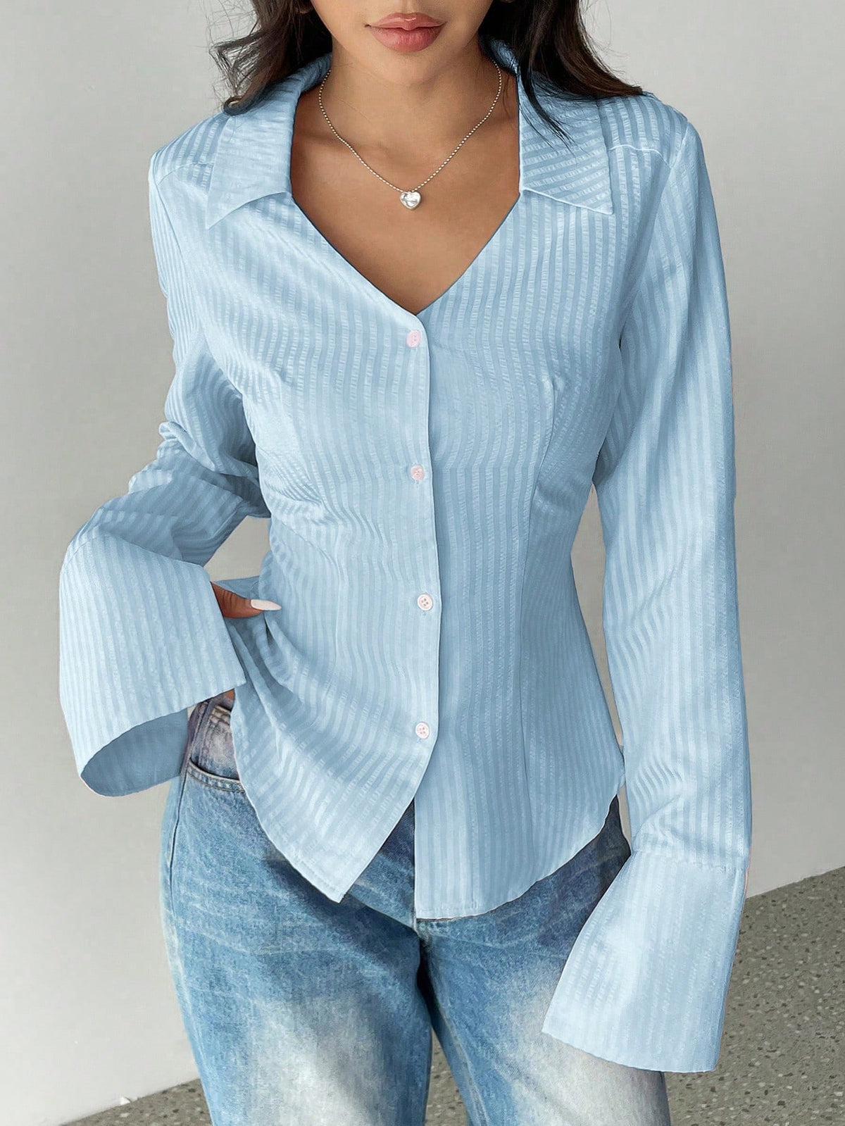 Women's Casual Solid Color Turndown Collar Long Sleeve Single-Breasted Office Shirt