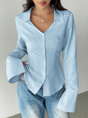 Women's Casual Solid Color Turndown Collar Long Sleeve Single-Breasted Office Shirt