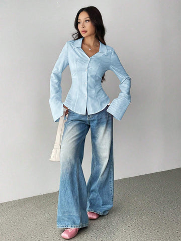 Women's Casual Solid Color Turndown Collar Long Sleeve Single-Breasted Office Shirt