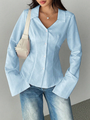 Women's Casual Solid Color Turndown Collar Long Sleeve Single-Breasted Office Shirt