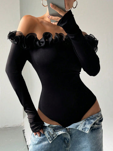 Women's Elegant One-Piece Bodysuit With Mesh Splice, Ruffle Trim, Ruffle Long Sleeve