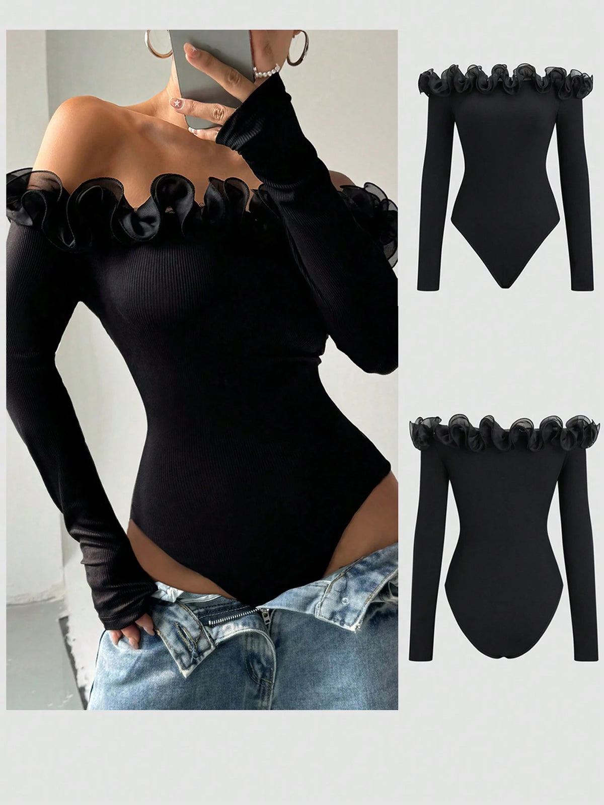Women's Elegant One-Piece Bodysuit With Mesh Splice, Ruffle Trim, Ruffle Long Sleeve