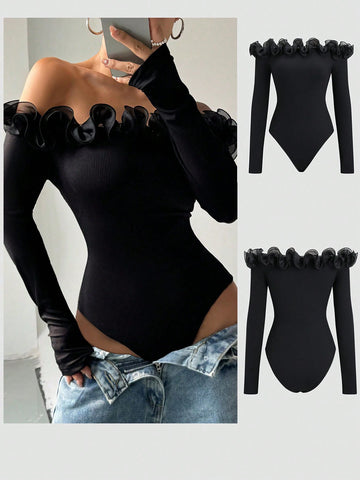 Women's Elegant One-Piece Bodysuit With Mesh Splice, Ruffle Trim, Ruffle Long Sleeve