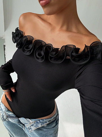 Women's Elegant One-Piece Bodysuit With Mesh Splice, Ruffle Trim, Ruffle Long Sleeve