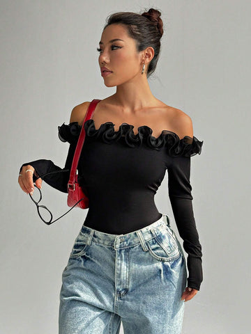 Women's Elegant One-Piece Bodysuit With Mesh Splice, Ruffle Trim, Ruffle Long Sleeve