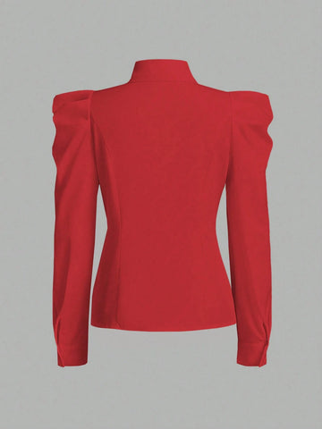 Women's Elegant Solid Color Fitted Single-Breasted Shirt With Puff Sleeves