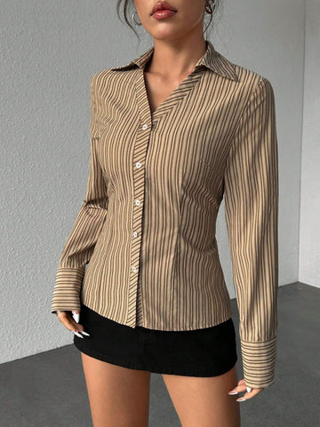 Women's Front Button Long Sleeve Striped Casual Blouse, For Daily Wear