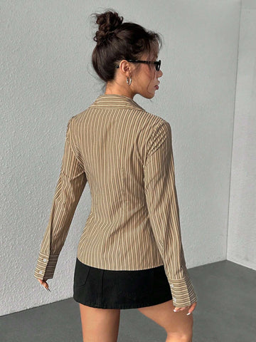 Women's Front Button Long Sleeve Striped Casual Blouse, For Daily Wear