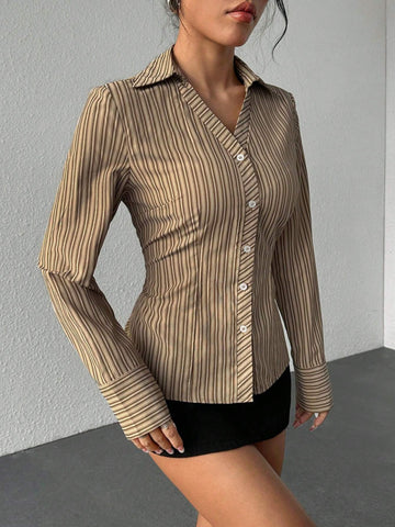 Women's Front Button Long Sleeve Striped Casual Blouse, For Daily Wear