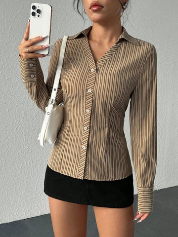 Women's Front Button Long Sleeve Striped Casual Blouse, For Daily Wear