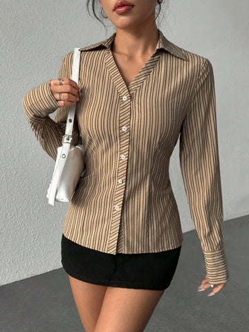 Women's Front Button Long Sleeve Striped Casual Blouse, For Daily Wear
