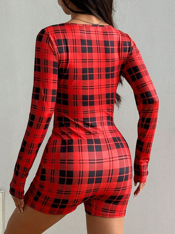 Women's Red & Black Plaid Print Half-Snap Collar Long Sleeve Jumpsuit, Bodycon Fit For Autumn/Winter For New Year Clothes