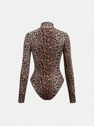Women's Sexy Leopard Print Turtleneck Long Sleeve Bodysuit