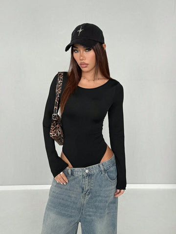 Women's Solid Color Black Long Sleeve Bodysuit, Slim Fit, Sexy, Boss Lady Style, Versatile Backless Twist Knot Round Neck For Work And Casual
