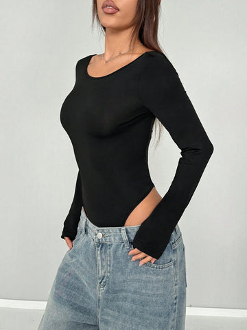 Women's Solid Color Black Long Sleeve Bodysuit, Slim Fit, Sexy, Boss Lady Style, Versatile Backless Twist Knot Round Neck For Work And Casual